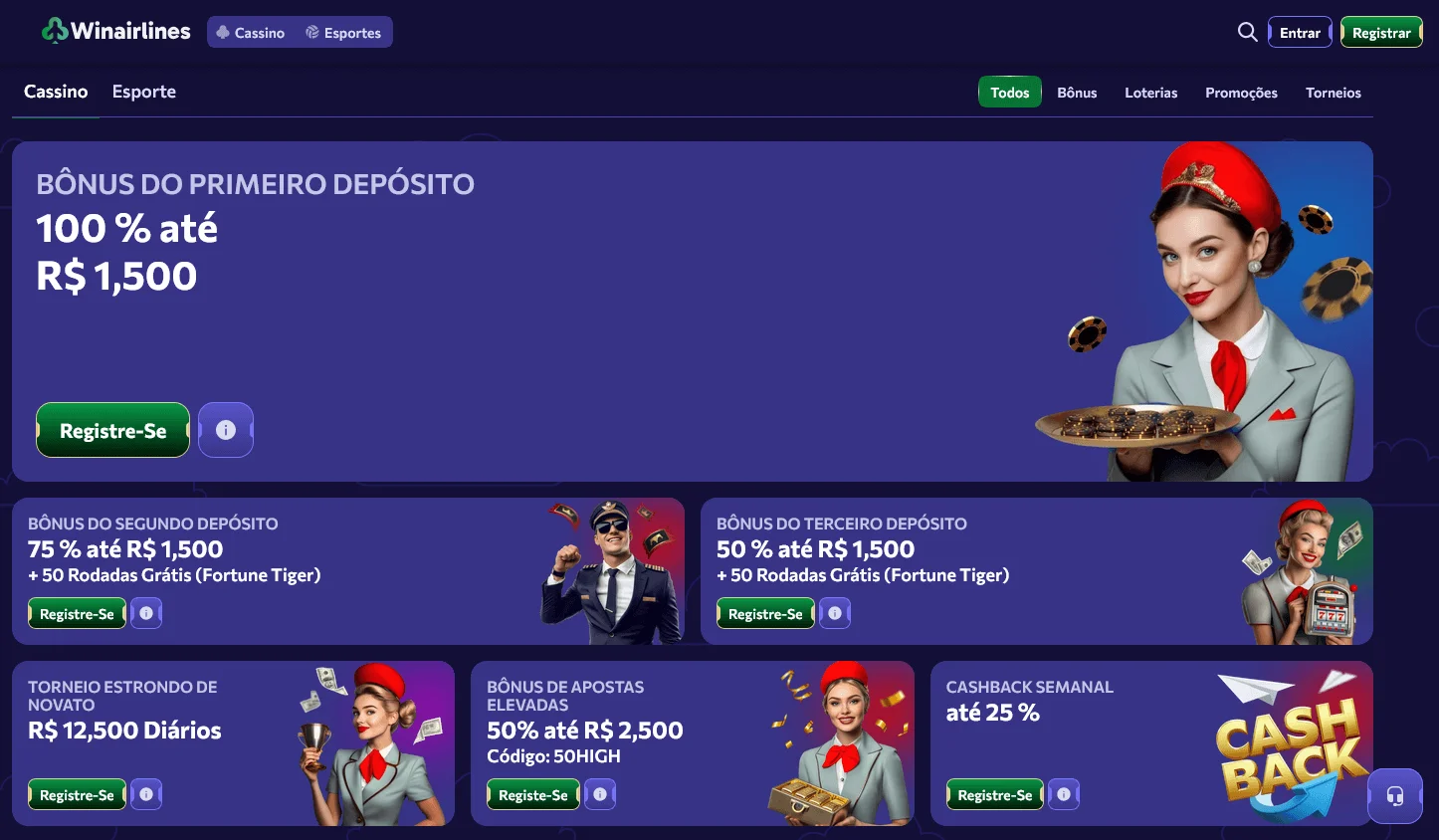 Winairlines Casino promotions area showing deposit bonuses and free spins