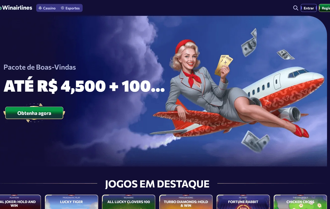 Winairlines Casino desktop home showing the welcome offer and casino access