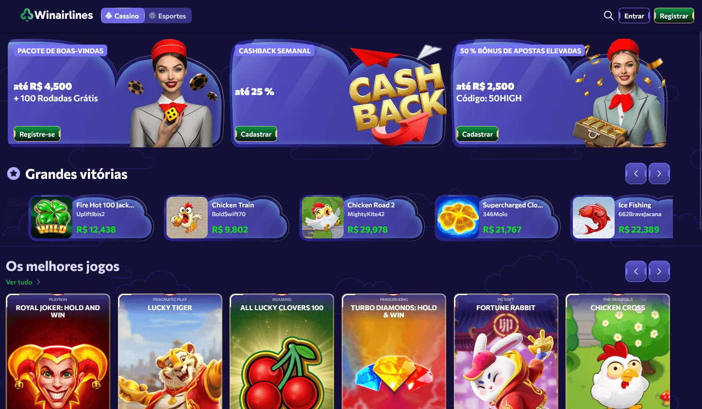Winairlines Casino desktop games area with pokies and casino categories